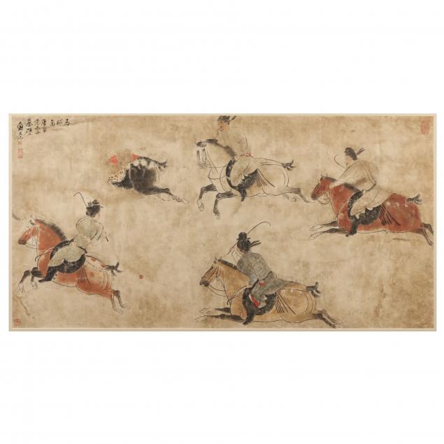 A CHINESE PAINTING OF MEN PLAYING POLO
