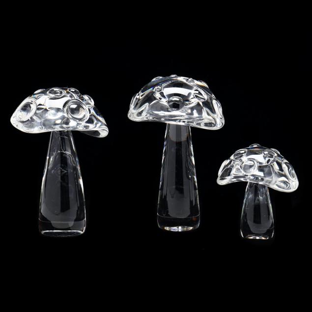 THREE STEUBEN CRYSTAL MUSHROOMS New