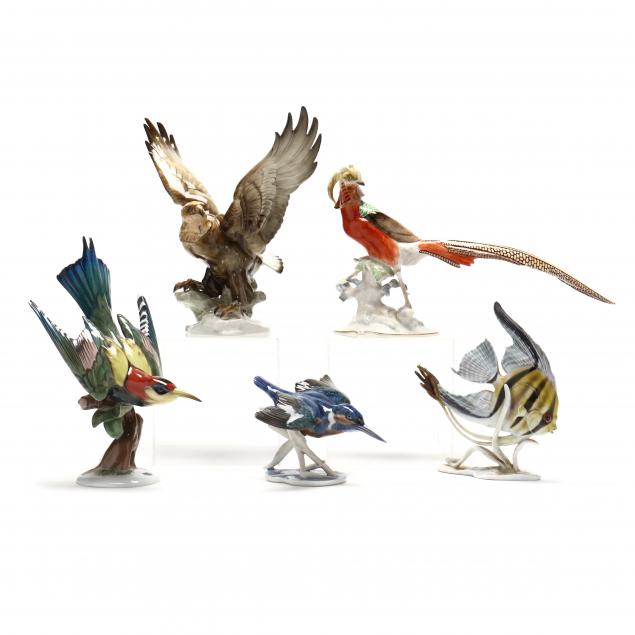 FIVE GERMAN PORCELAIN BIRD AND FISH