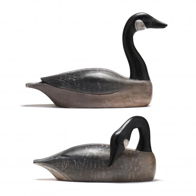 TWO CARVED GOOSE DECOYS  Late 20th