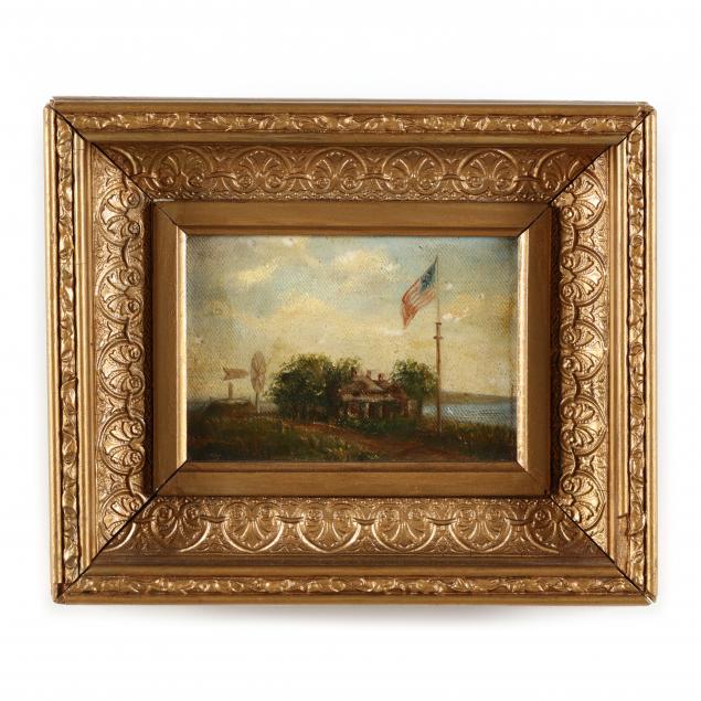 AN ANTIQUE PAINTING OF A HOMESTEAD