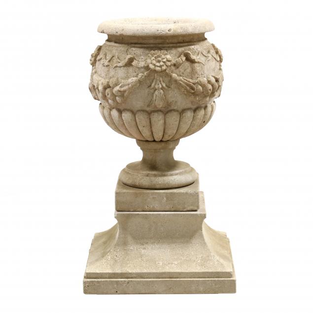 CARVED STONE GARDEN URN ON STAND 2f0700