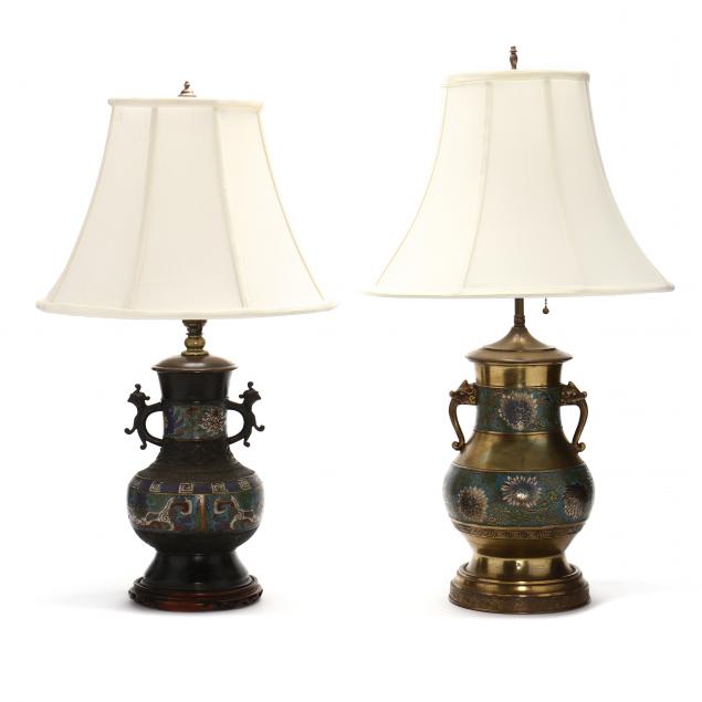 TWO ASIAN CHAMPLEVE VASE LAMPS