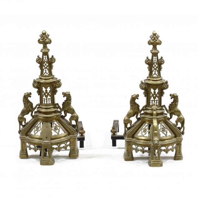 PAIR OF GOTHIC STYLE BRASS ANDIRONS