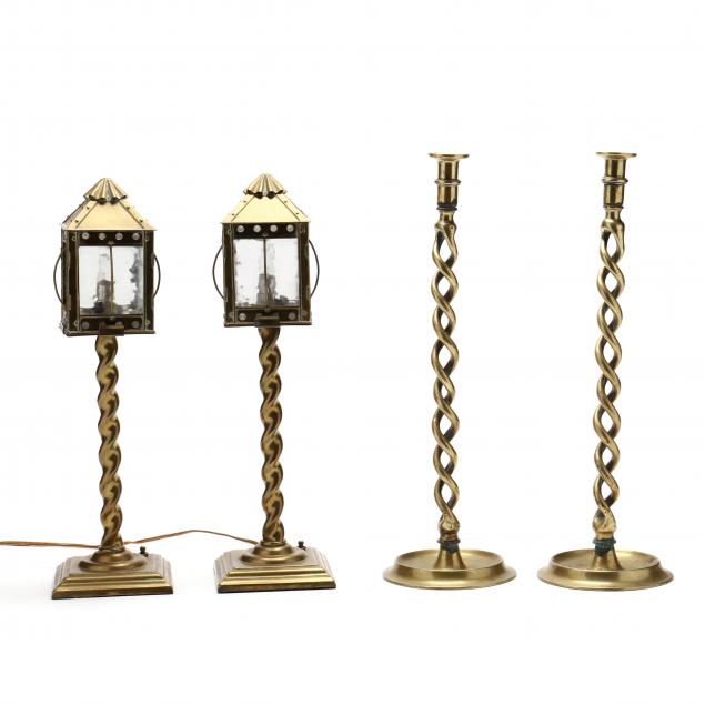 TWO ELECTRIC BRASS LAMPS AND TWO