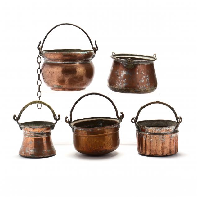FIVE COPPER COOKWARE POTS 19th early 2f0a80