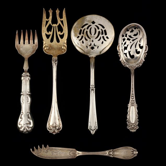 FIVE STERLING SILVER FLATWARE SERVERS