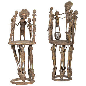 Two Benin Bronze Figural Throne