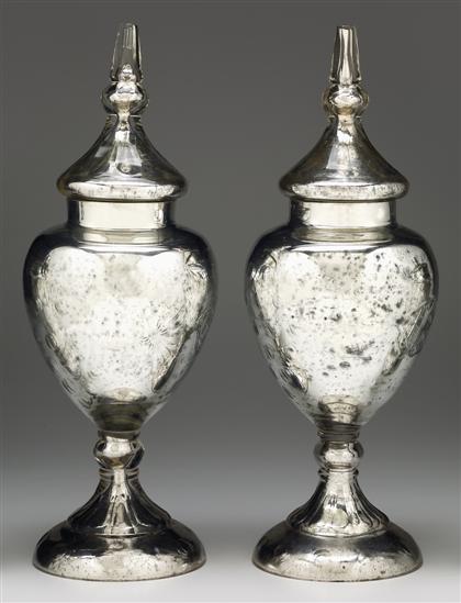 Pair of mercury glass urns    Each