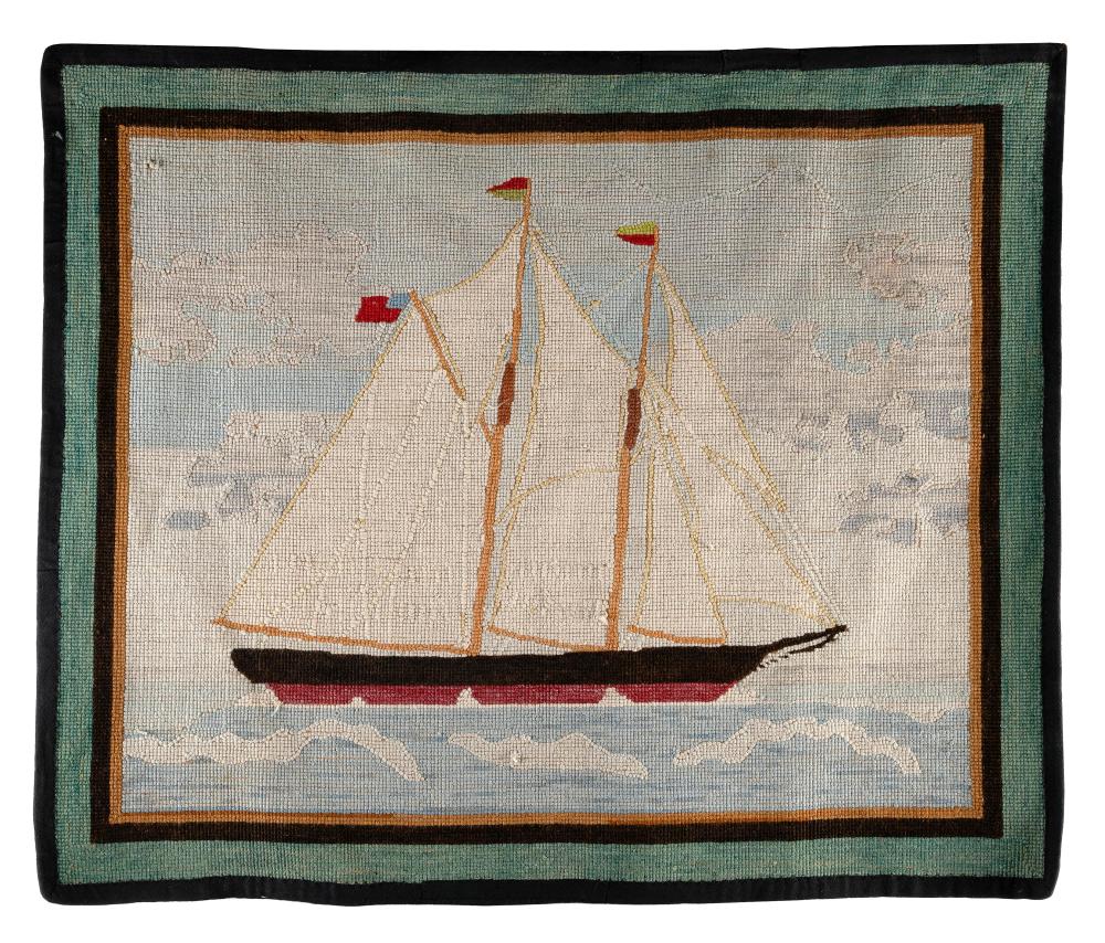 HOOKED RUG DEPICTING A TWO-MASTED