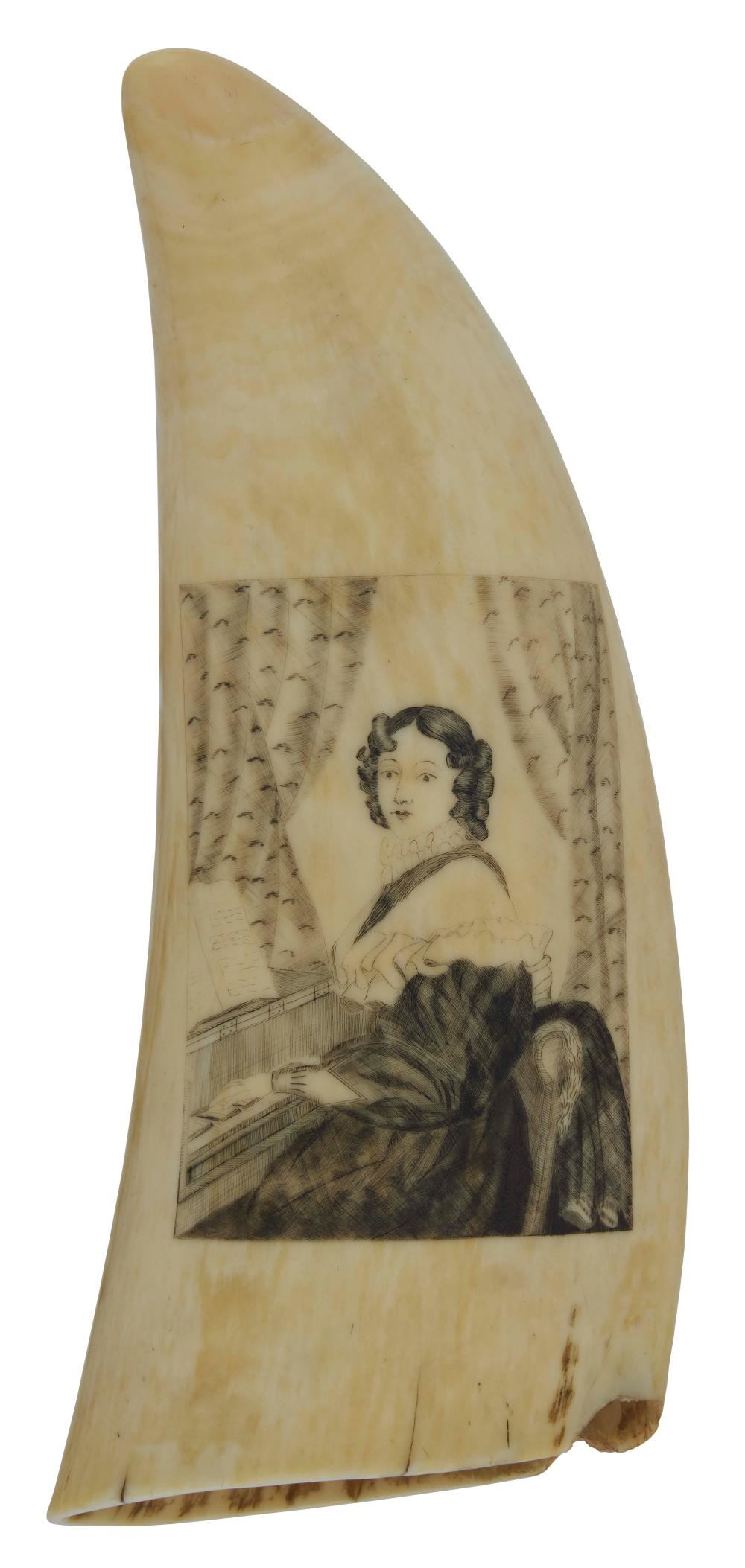 SCRIMSHAW WHALE S TOOTH WITH FIGURAL 2f28b3