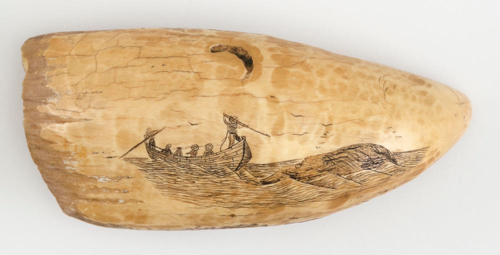 SCRIMSHAW WHALE’S TOOTH WITH