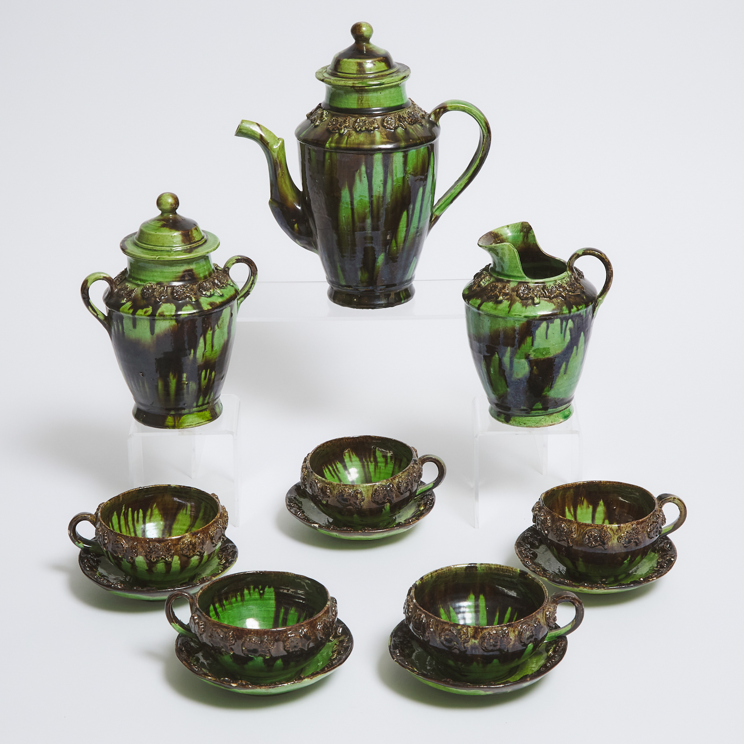 Green and Brown Running Glazed Earthenware