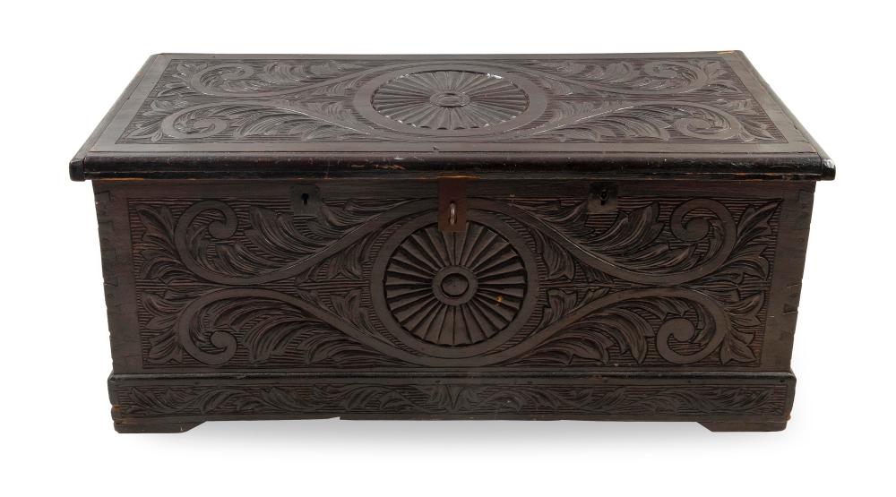 UNUSUAL CARVED CAMPHORWOOD CHEST MID-19TH