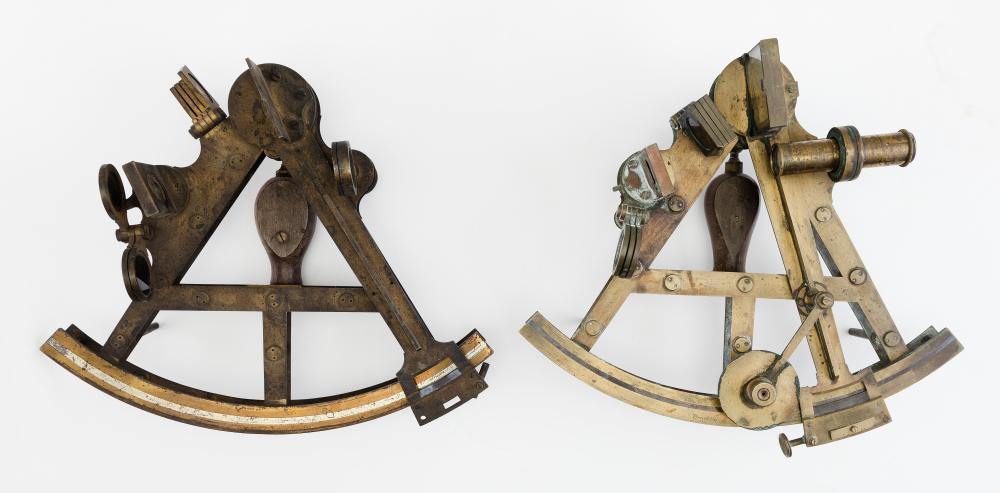 TWO BRASS DOUBLE T-FRAME SEXTANTS