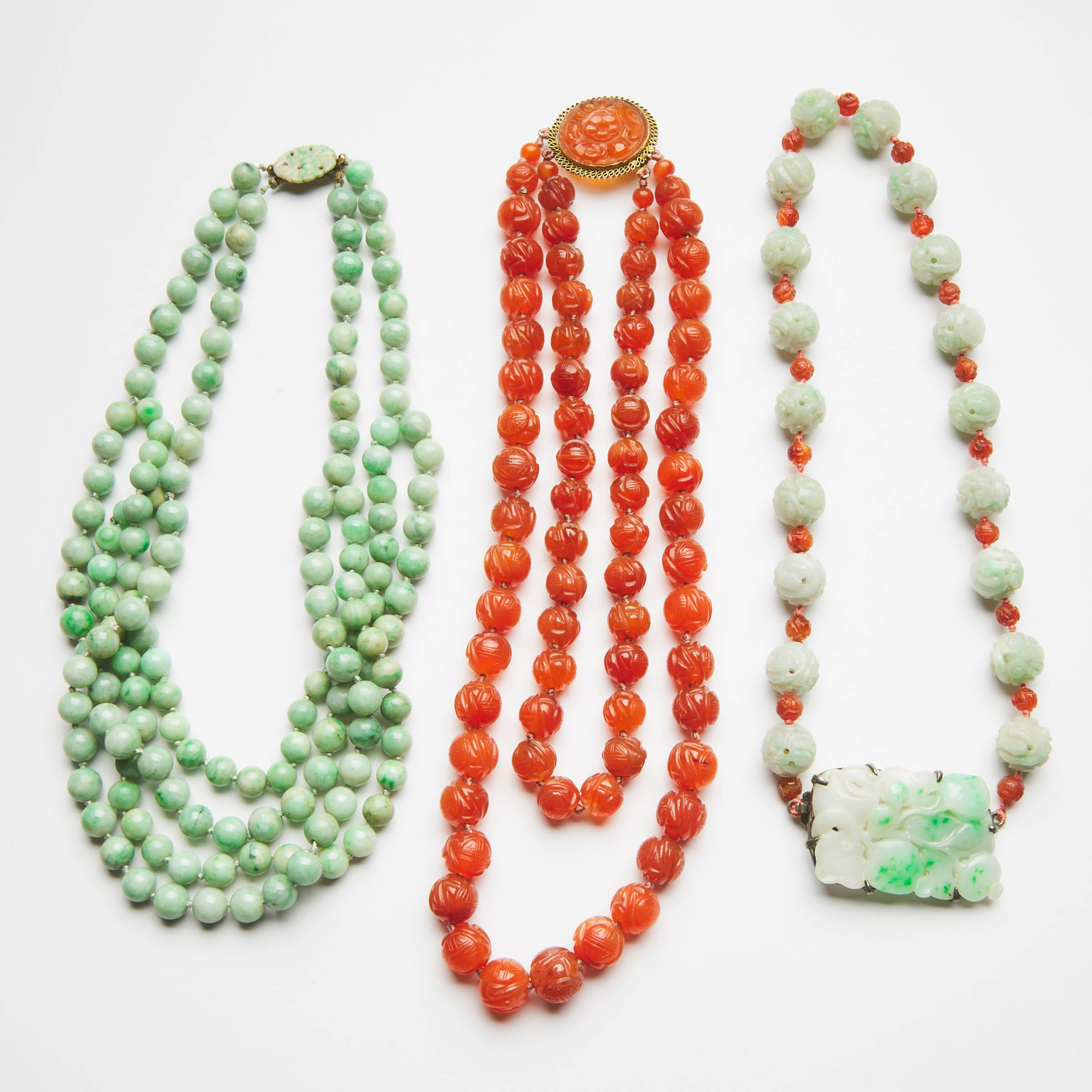 Three Jadeite and Carnelian Necklaces,
