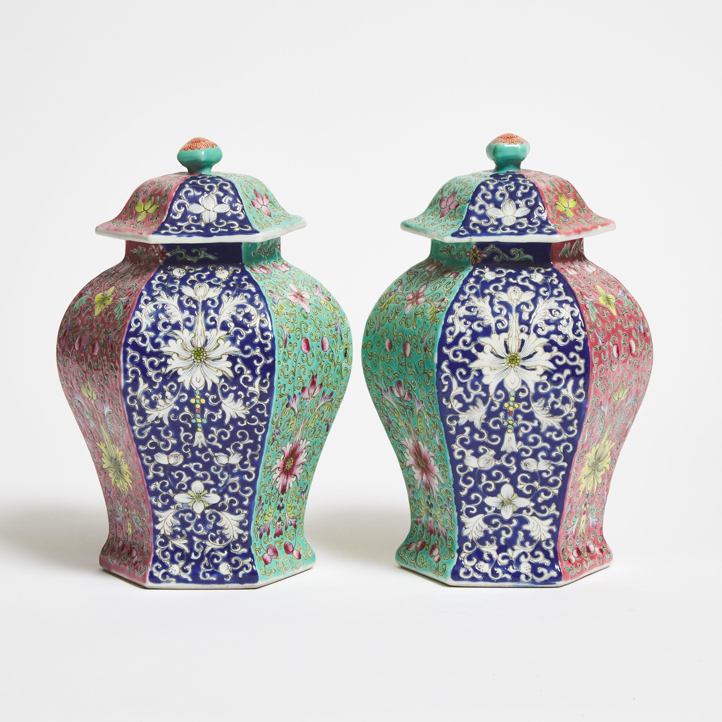 A Pair of Enameled Hexagonal Vases