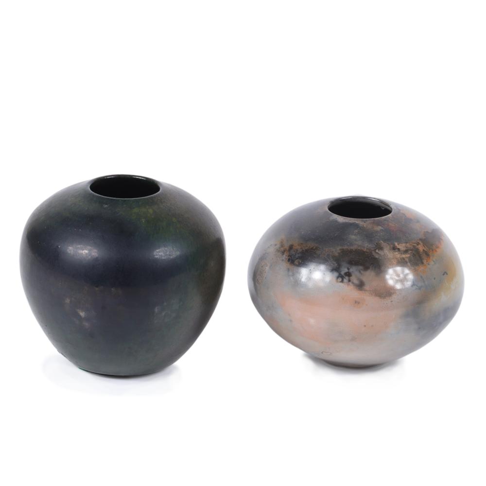 TWO GLAZED STUDIO POTTERY ORB VESSELS  2f31b2