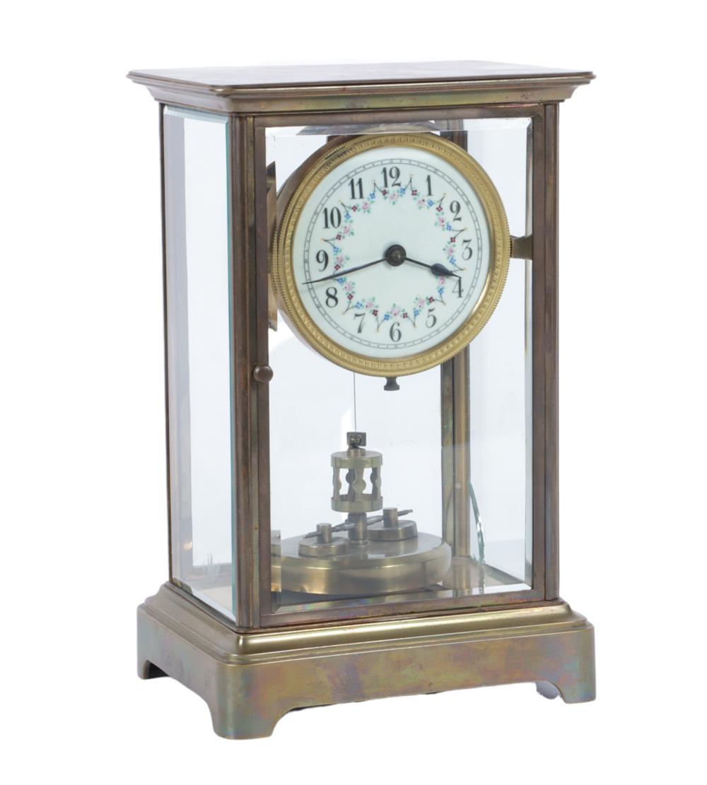 BRASS AND GLASS PANEL MANTLE CLOCK WITH
