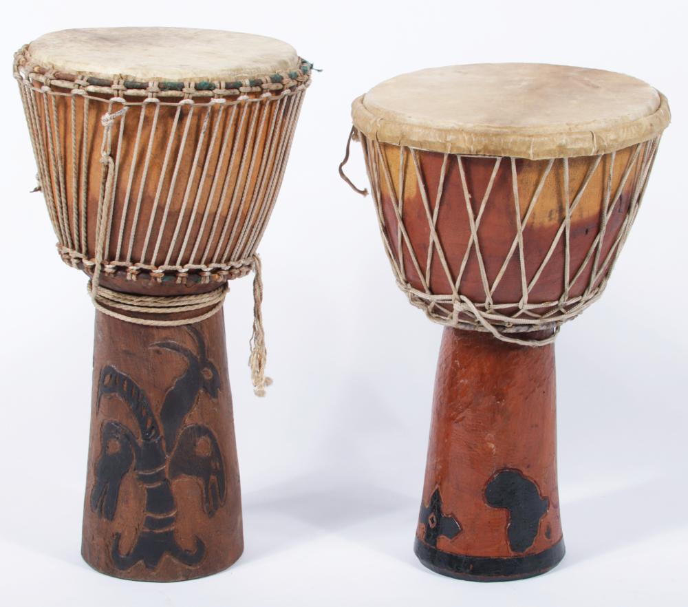TWO AFRICAN TRIBAL DJEMBE DRUMS 2f3387