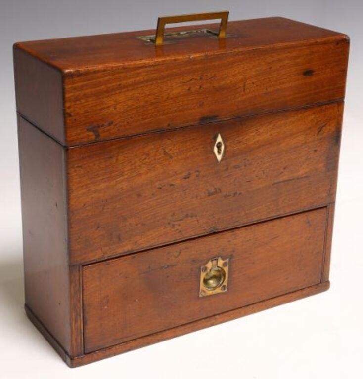 MAHOGANY APOTHECARY BOX WITH GLASS BOTTLES