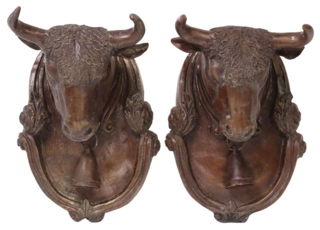 (2) PATINATED BRONZE BULL DOOR