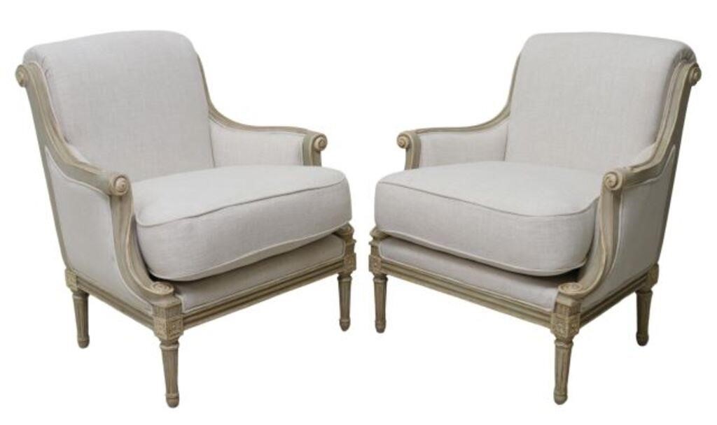 (2) LOUIS XVI STYLE LINEN UPHOLSTERED