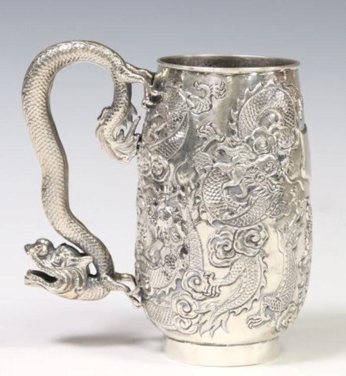 CHINESE EXPORT SILVER DRAGON-HANDLED