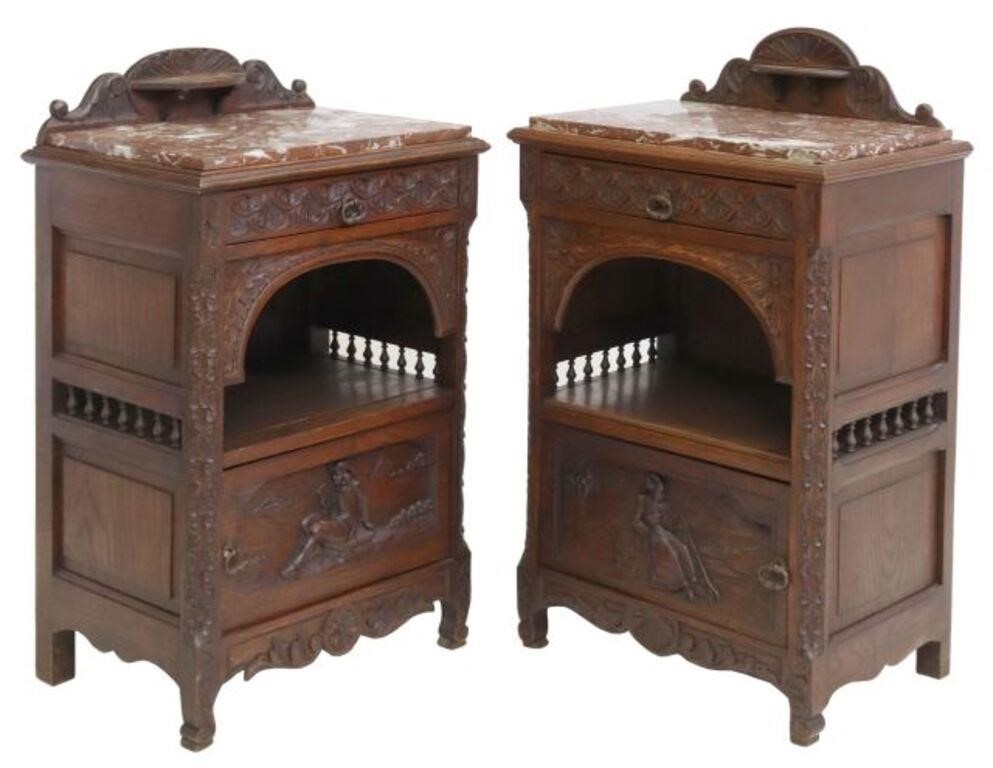 (2) FRENCH BRETON CARVED OAK BEDSIDE