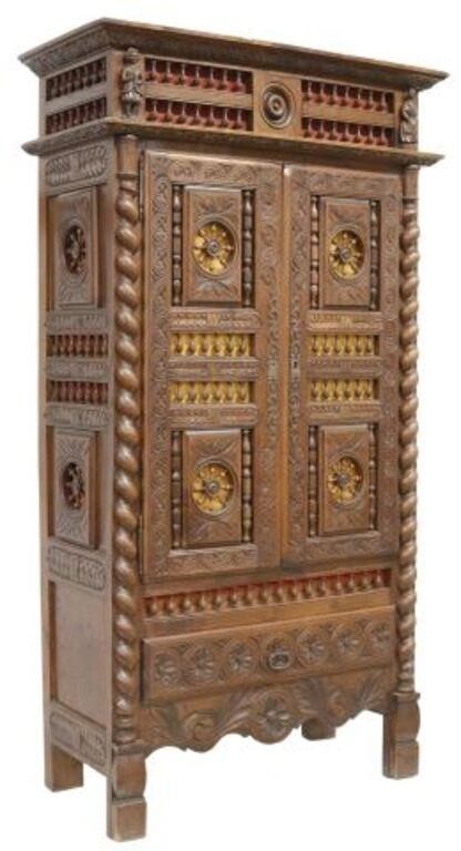 FRENCH BRETON CARVED OAK ARMOIRE,