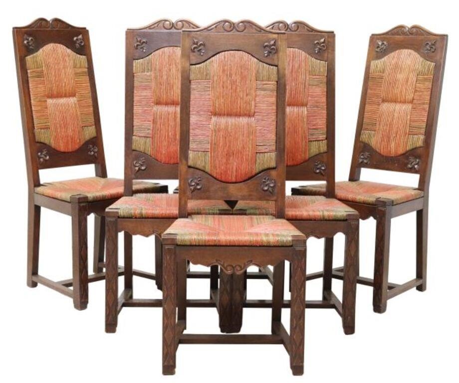 (6) FRENCH CARVED OAK & RATTAN