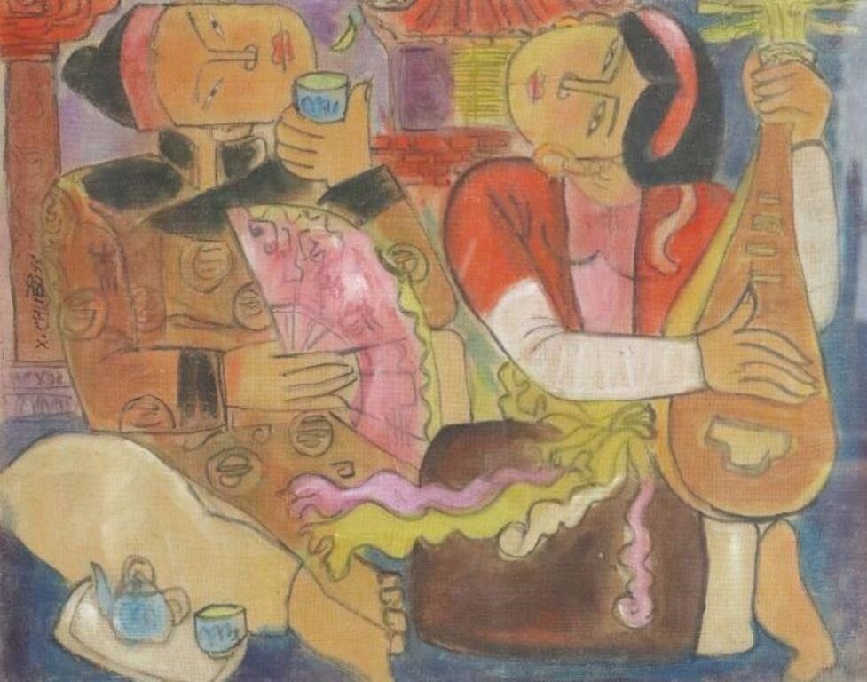 SIGNED PAINTING FIGURES PLAYING 2f6359