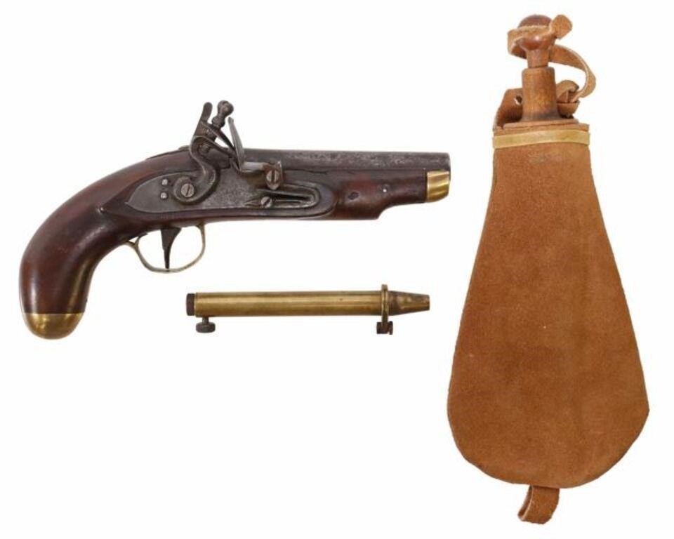 3) ANTIQUE FLINTLOCK PISTOL, POWDER