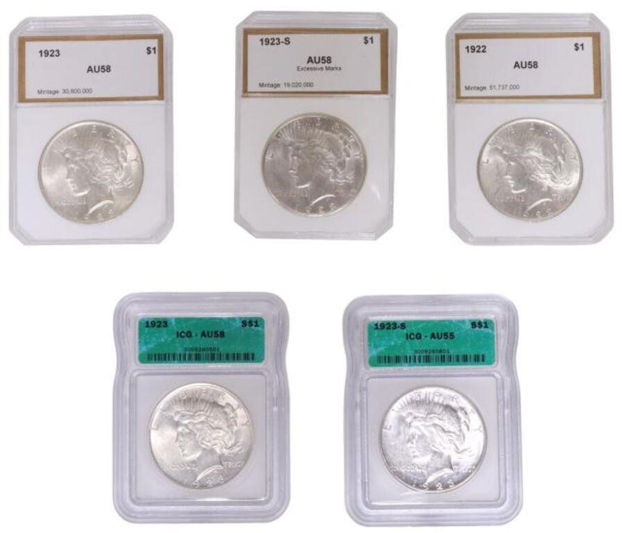  5 US PEACE SILVER DOLLARS AU 2f63ff