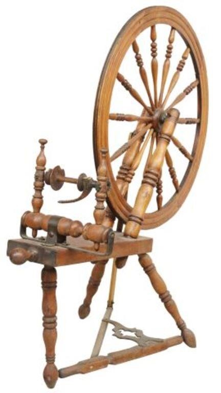 PRIMITIVE AMERICAN OAK SPINNING WHEEL,