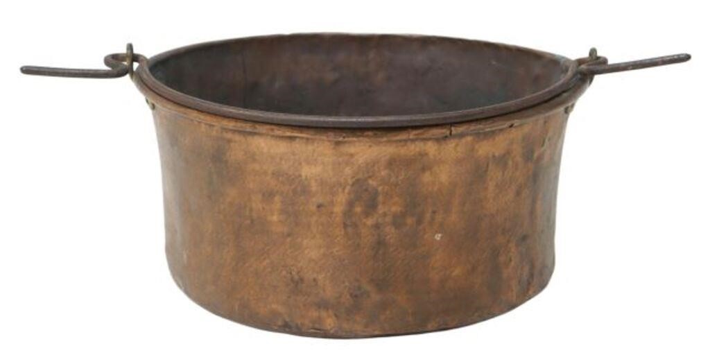 LARGE COPPER POT WITH IRON HANDLE,