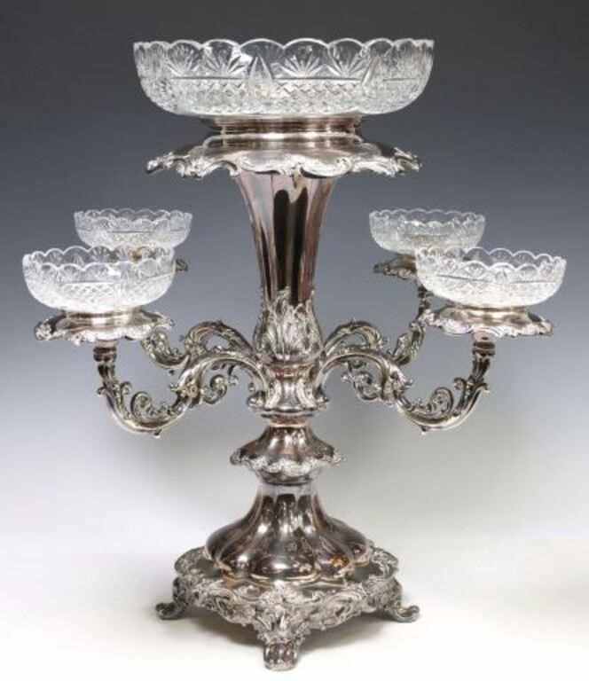 LARGE SILVERPLATE CUT GLASS EPERGNE 2f65c2