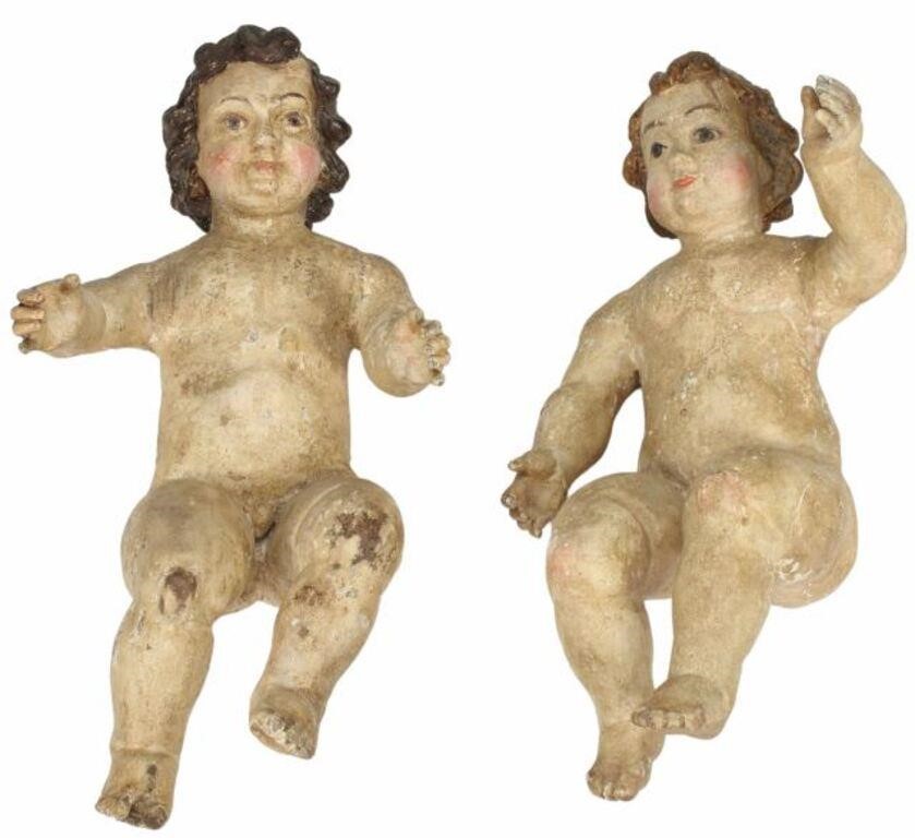 (2) LARGE ITALIAN CARVED & PAINTED PUTTI/