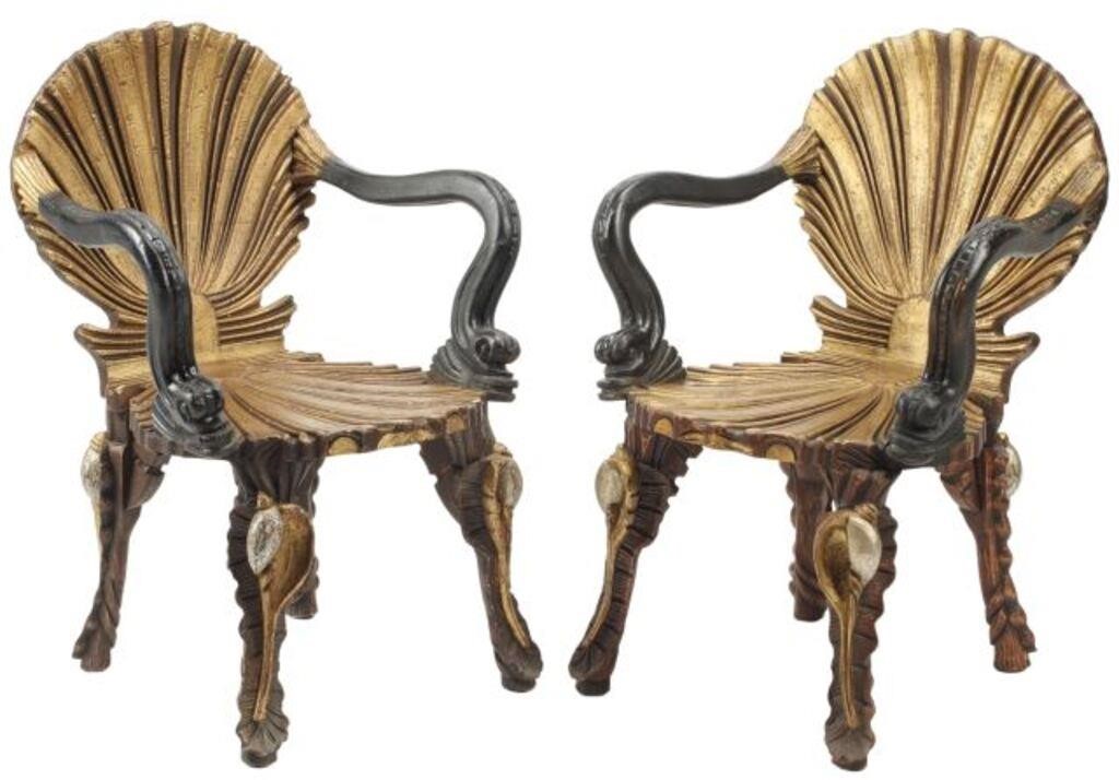  2 GROTTO STYLE PARCEL GILT ARMCHAIRS pair  2f664d