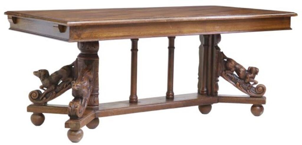 FRENCH CARVED OAK HUNT MOTIF DINING