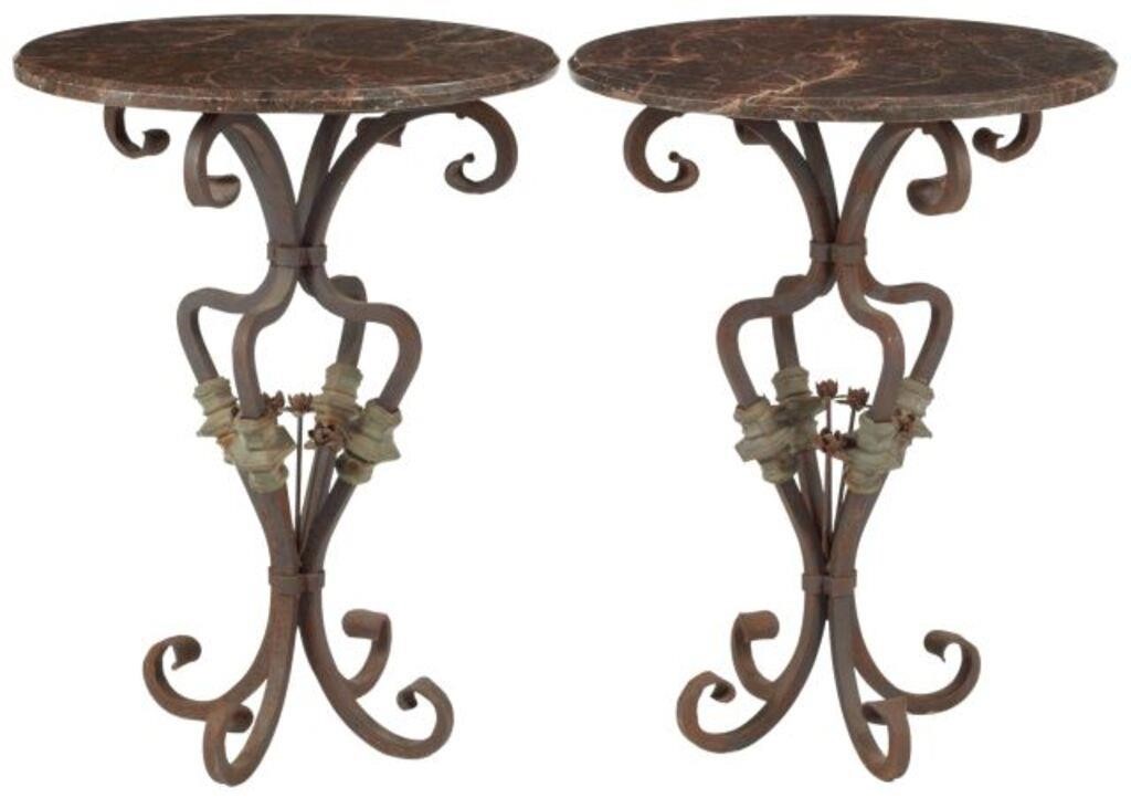  2 MARBLE TOP WROUGHT IRON TABLES pair  2f67e2