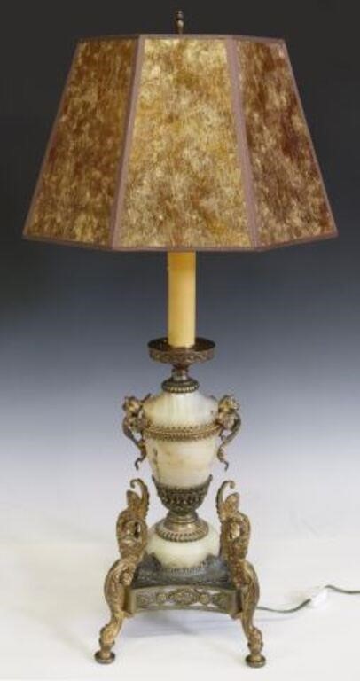 GILT METAL & ONYX TWO-LIGHT TABLE LAMP