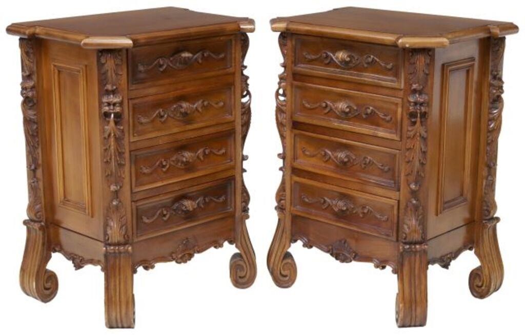 (2) ITALIAN CARVED WALNUT 4-DRAWER NIGHTSTANDS(pair)