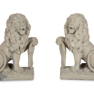 A Pair of Cast Stone Seated Lions 20th 2f6923