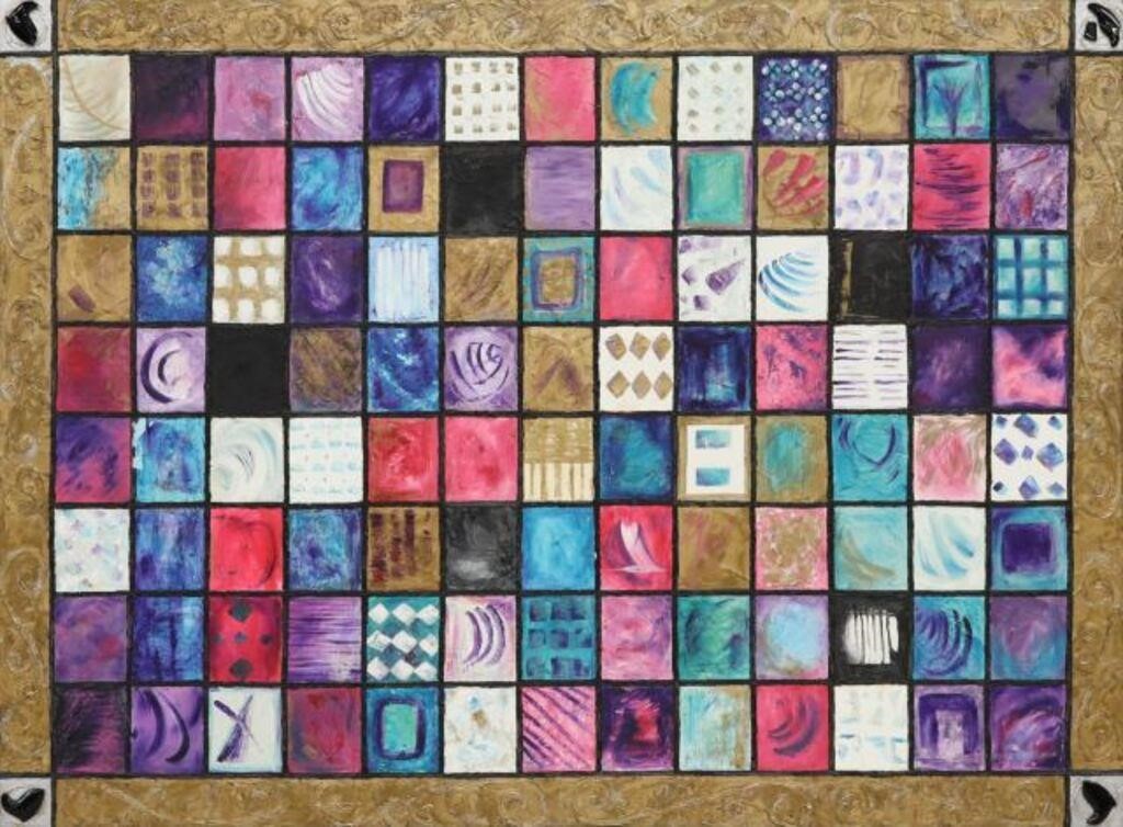 FRAMED MIXED MEDIA COLOR GRID PAINTING  2f6a66