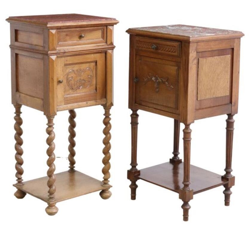 (2) FRENCH CARVED WALNUT MARBLE-TOP