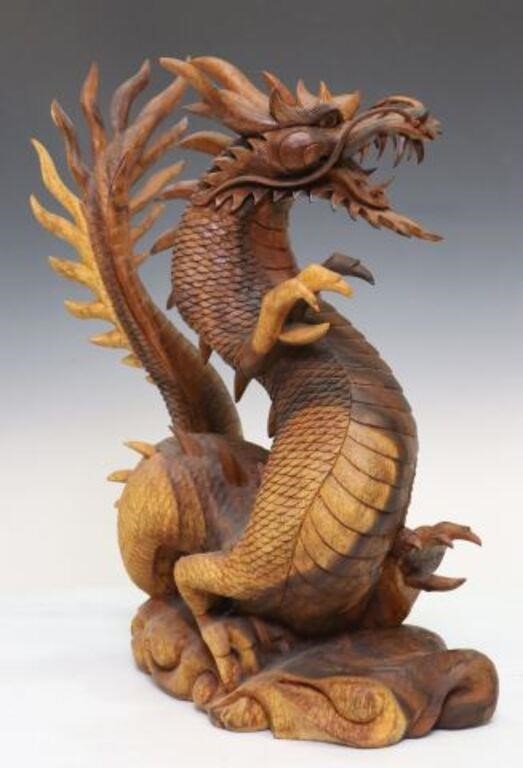 ASIAN CARVED WOOD FIGURAL DRAGON