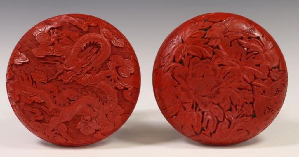  2 CHINESE CINNABAR STYLE CARVED 2f6c3c