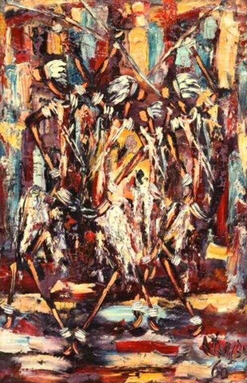 FRAMED OIL ON BOARD AFRICAN DANCING