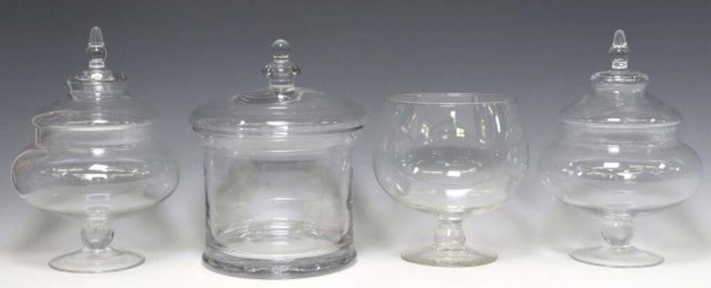 (4) COLORLESS GLASS LIDDED & FOOTED